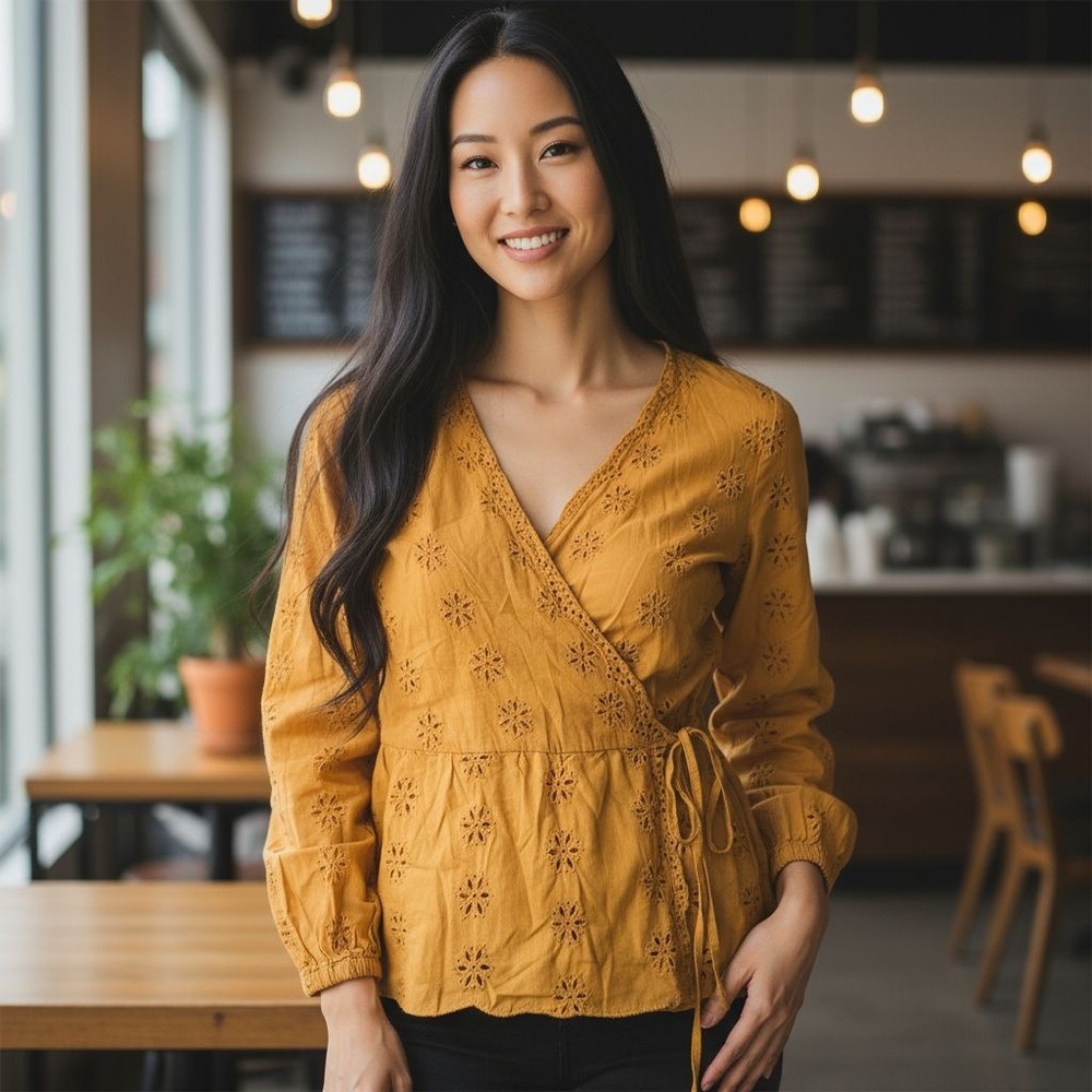 Madewell Women's Mustard Yellow‎ Embroidered Wrap Blouse Top Size Small